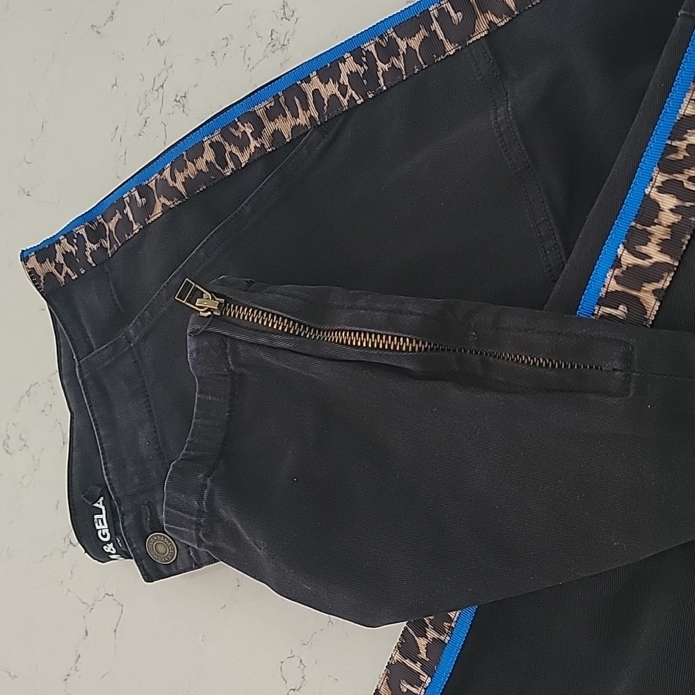 Pam & Gela black cargo jogger moto pants leopard and blue racer stripe size 26 - Picture 13 of 15